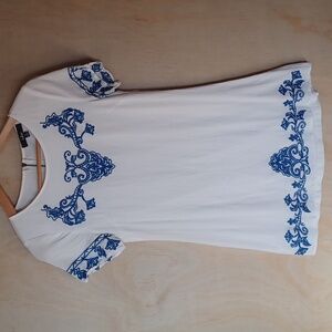 Lulus Tale To Tell Embroudered Shift Mini Dress, Short Sleeve, Blue, Ivory